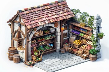 Colorful medieval grocery store selling fresh produce and goods on a white background