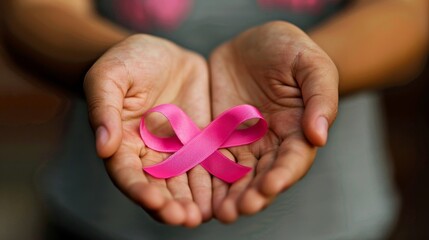 Presentation template with a close-up of a teenage hand holding a pink ribbon, symbolizing breast cancer support