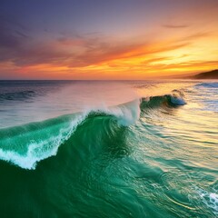 Wall Mural - Green blue ocean splashing wave in front of orange sunset sky background