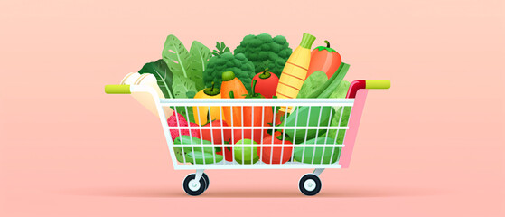 Fruit and vegetables in paper bag on pastel pink background, fresh produce concept photography.