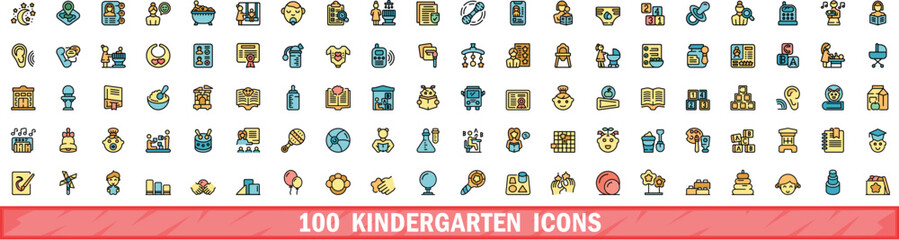 Wall Mural - 100 kindergarten icons set. Color line set of kindergarten vector icons thin line color flat on white