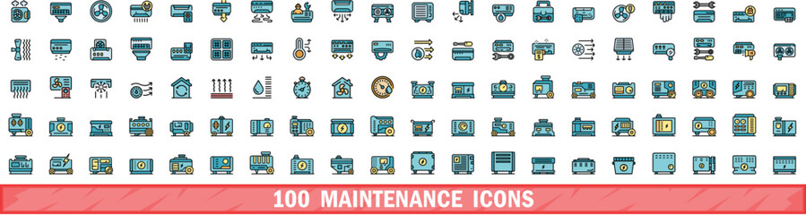 Poster - 100 maintenance icons set. Color line set of maintenance vector icons thin line color flat on white
