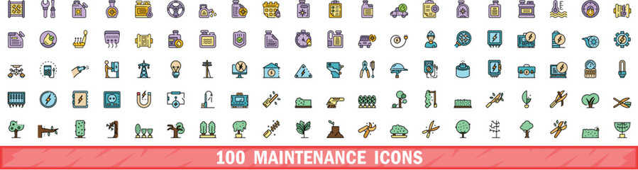 Wall Mural - 100 maintenance icons set. Color line set of maintenance vector icons thin line color flat on white