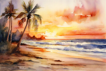 Wall Mural - create-a-soft-and-dreamy-watercolor-painting-capturing-the-essence-of-the-sunset-over-the-beach