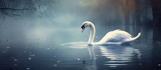 Sticker - Two graceful white swans swim in the dark water The mute swan Cygnus olor. Creative banner. Copyspace image