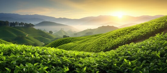 Wall Mural - green tea plantation at sunrise time nature background. creative banner. copyspace image