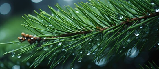 Fototapete - Christmas tree needles in dew drops. Creative banner. Copyspace image