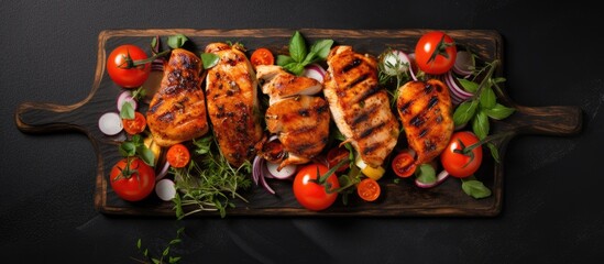Wall Mural - close up view of tasty Bbq chicken breast with vegetables on wooden skewers with basil over black stone plate on wooden background Top view. Creative banner. Copyspace image