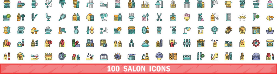 Wall Mural - 100 salon icons set. Color line set of salon vector icons thin line color flat on white