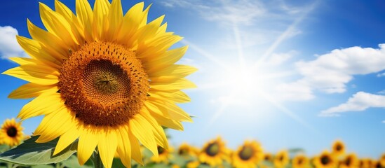 Wall Mural - a flower of a sunflower blossoms on a field of sunflowers on a sunny day. creative banner. copyspace