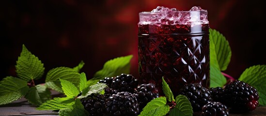 Canvas Print - fresh blackberry juice decorated with blackberry sugar and leaves. creative banner. copyspace image