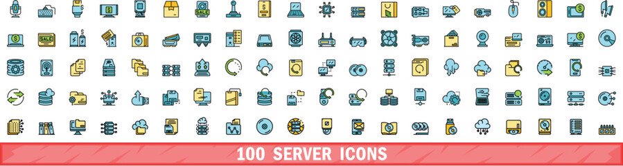 Wall Mural - 100 server icons set. color line set of server vector icons thin line color flat on white