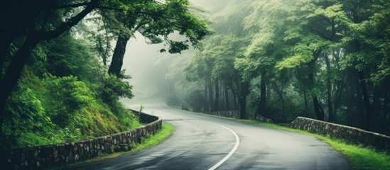 Wall Mural - empty road with tire tracks in the countryside with forest in surrounding perspective in summer with mist and green trees vintage old effect. Creative banner. Copyspace image