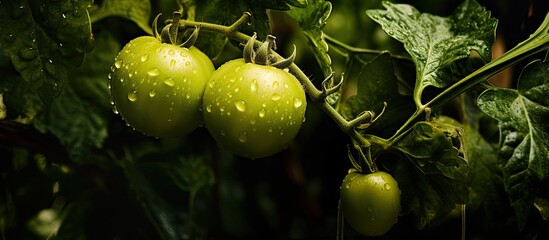 Poster - Green tomato on bush. Creative banner. Copyspace image