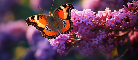 Sticker - Buddleja davidii summer lilac butterfly bush or orange eye in the Pacific Northwest. Creative banner. Copyspace image