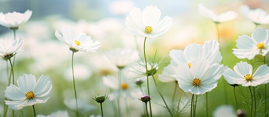 Sticker - Beautiful white cosmos flower in the garden Soft focus and blurred white cosmos flowers. Creative banner. Copyspace image