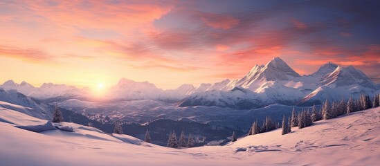 Sticker - Sunset winter landscape in snow mountains. Creative banner. Copyspace image