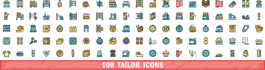 Sticker - 100 tailor icons set. Color line set of tailor vector icons thin line color flat on white