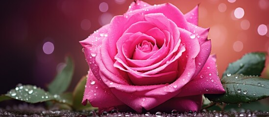 Poster - rose and raindrops vivid pink and shining drops. Creative banner. Copyspace image