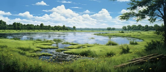 Poster - there is a tuft of grass by the water. Creative banner. Copyspace image