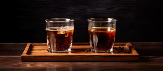 Poster - Coffee with milk two glasses on a wooden surface Two glasses with coffee on wooden tray on dark background. Creative banner. Copyspace image