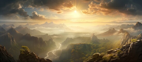 Wall Mural - the bright light of the sun illuminates the sky in the mountains. Creative banner. Copyspace image