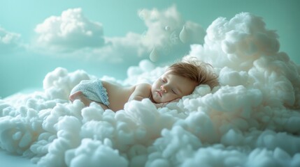 Baby sleeping in a cloud.  A sweet little baby sleeps peacefully on a fluffy white cloud with soft, dreamy lighting.