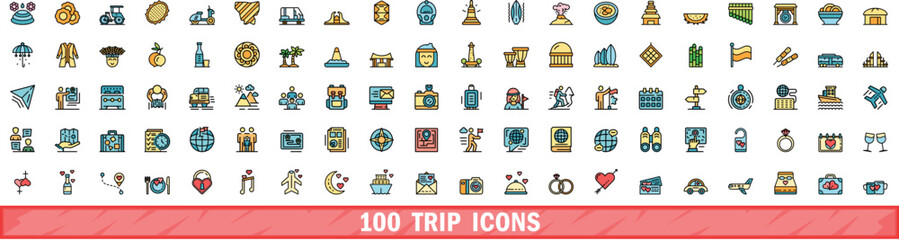 Poster - 100 trip icons set. Color line set of trip vector icons thin line color flat on white