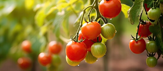 Wall Mural - Ripe cherry tomatoes on a plant in the vegetable garden. Creative banner. Copyspace image
