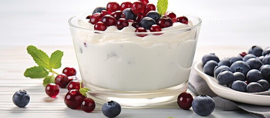 Poster - Healthy Breakfast Creamy dessert with fresh juicy berries cranberries and blueberries Panna cotta. Creative banner. Copyspace image