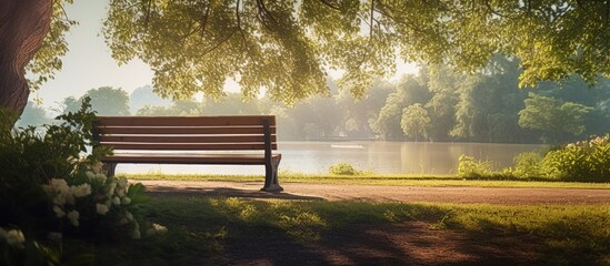 Wall Mural - bench for rest stands in the park. creative banner. copyspace image