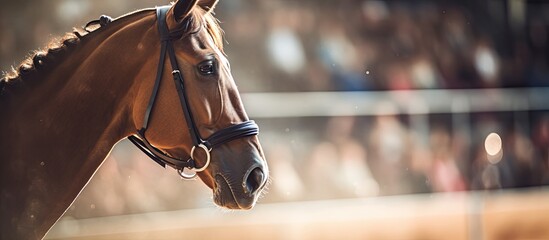 Poster - background defocusing portrait of a horse in an arena. Creative banner. Copyspace image