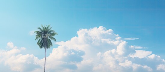 Wall Mural - Palm tree with white puffy clouds perfect for cover art or background. Creative banner. Copyspace image
