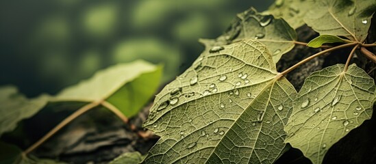 Poster - photo of the texture of leaves affected by pests and diseases. Creative banner. Copyspace image