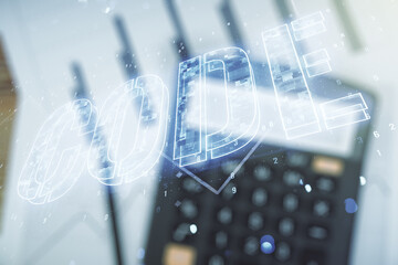 Wall Mural - code word hologram on blurry calculator and papers background, international software development co