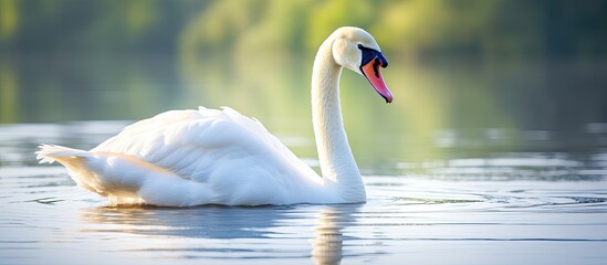 Poster - Large White Mute Swan on Reservoir Lake in Summer Shine Close Up Portrait. Creative banner. Copyspace image