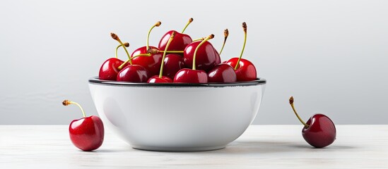 Wall Mural - Fresh cherries in the metal bowl on the white table. Creative banner. Copyspace image