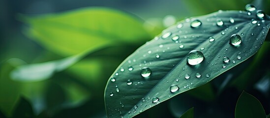 Wall Mural - A drop of dew on the leaves of the plant Rainy weather. Creative banner. Copyspace image