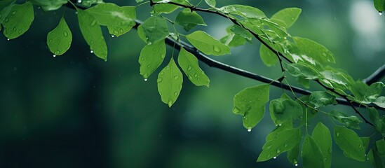 Sticker - Drops of heavy rain dripping onto green leaves on tree branches Bad rainy overcast weather. Creative banner. Copyspace image