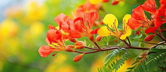 Wall Mural - kembang merak in the garden caesalpinia pulcherrima. creative banner. copyspace image