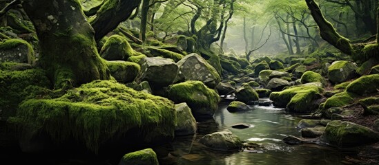 Poster - mossy stream surrounded by tree roots. Creative banner. Copyspace image