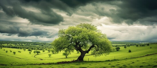 Poster - Old plums green orchard under dramatic cloudy sky Countryside landscape in springtime season. Creative banner. Copyspace image