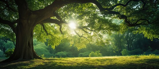 Wall Mural - fresh green trees and sunbeams. creative banner. copyspace image