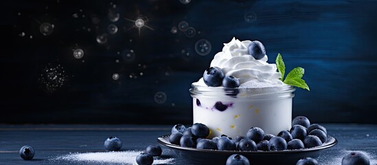 Poster - Tart with curd cream and fresh blueberries with sugar powder on a dark blue wooden table. Creative banner. Copyspace image