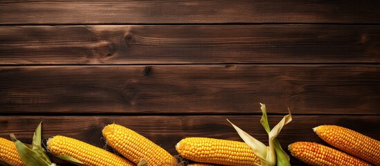 Wall Mural - Jagung Manis or Sweet Corn on rustic wooden background Top view. Creative banner. Copyspace image