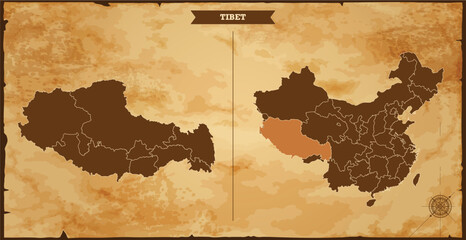 Wall Mural - Tibet state map, China map with federal states in A vintage map based background, Political China Map