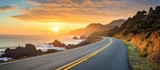 Poster - Highway road and coastline nature landscape at sunrise. Creative banner. Copyspace image