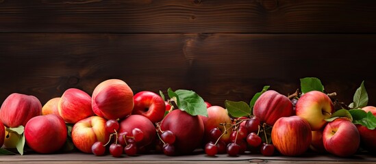 Leinwandbilder - ripe red apples plums apricots on wooden table. Creative banner. Copyspace image
