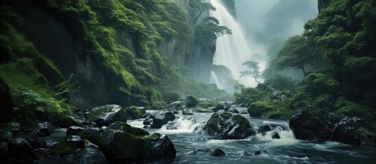 Poster - waterfall and fast flowing stream. Creative banner. Copyspace image