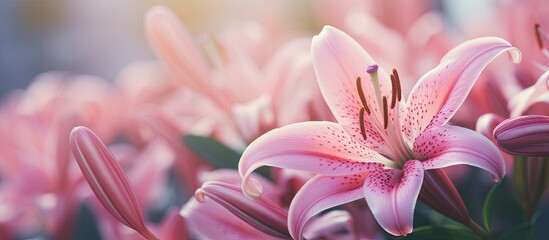 Aufkleber - Pink lily flower in garden pink flower Close up Lily blossom. Creative banner. Copyspace image